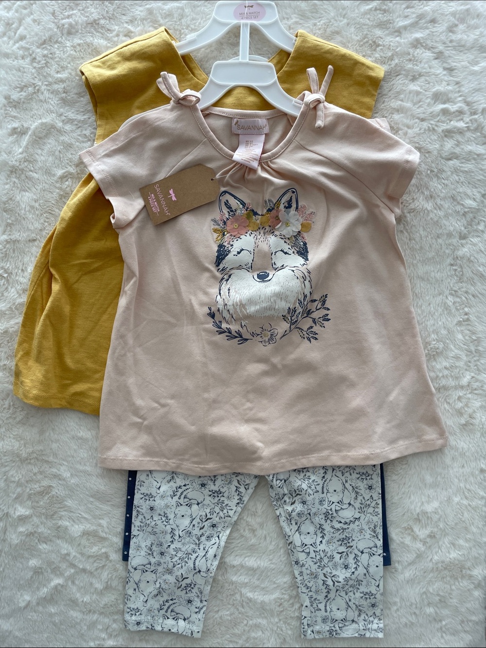 SALE! NWT Savannah Pink Fox Graphic Tee with Mustard Sleeveless Top 4 Pc Set 5T